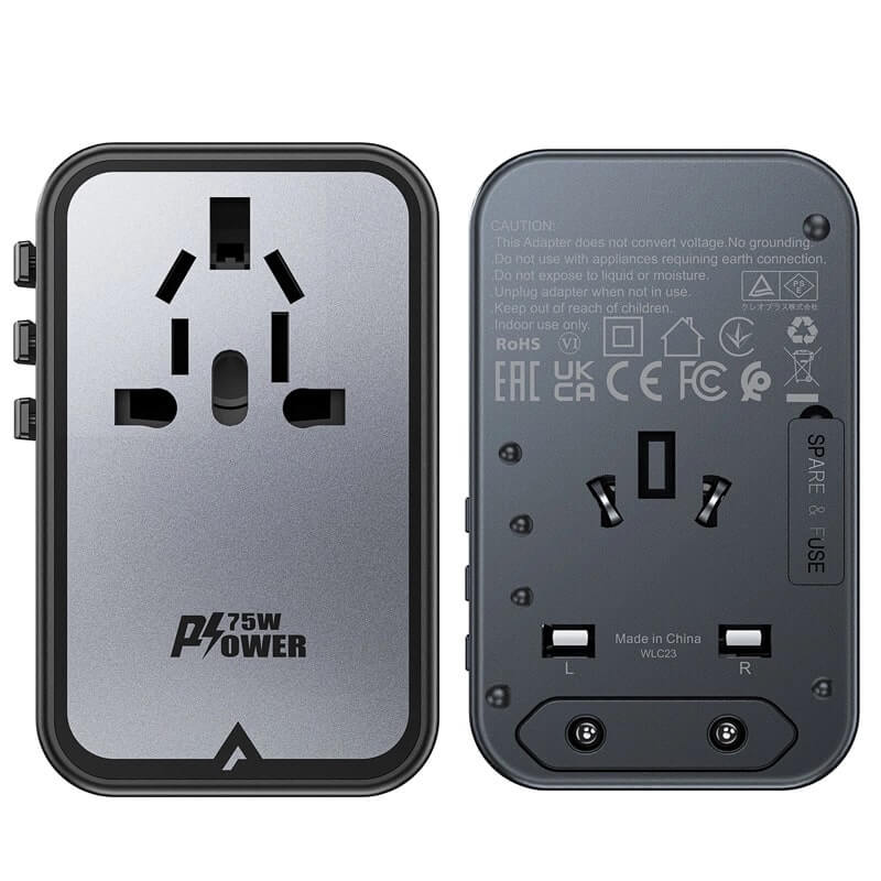Acefast Z1 GaN 75W PD Φορτιστής Ταξιδίου με Ενσωματωμένα Βύσματα EU / UK / US / AUS με 3 Θύρες Type - C και 2 Θύρες USB - Black