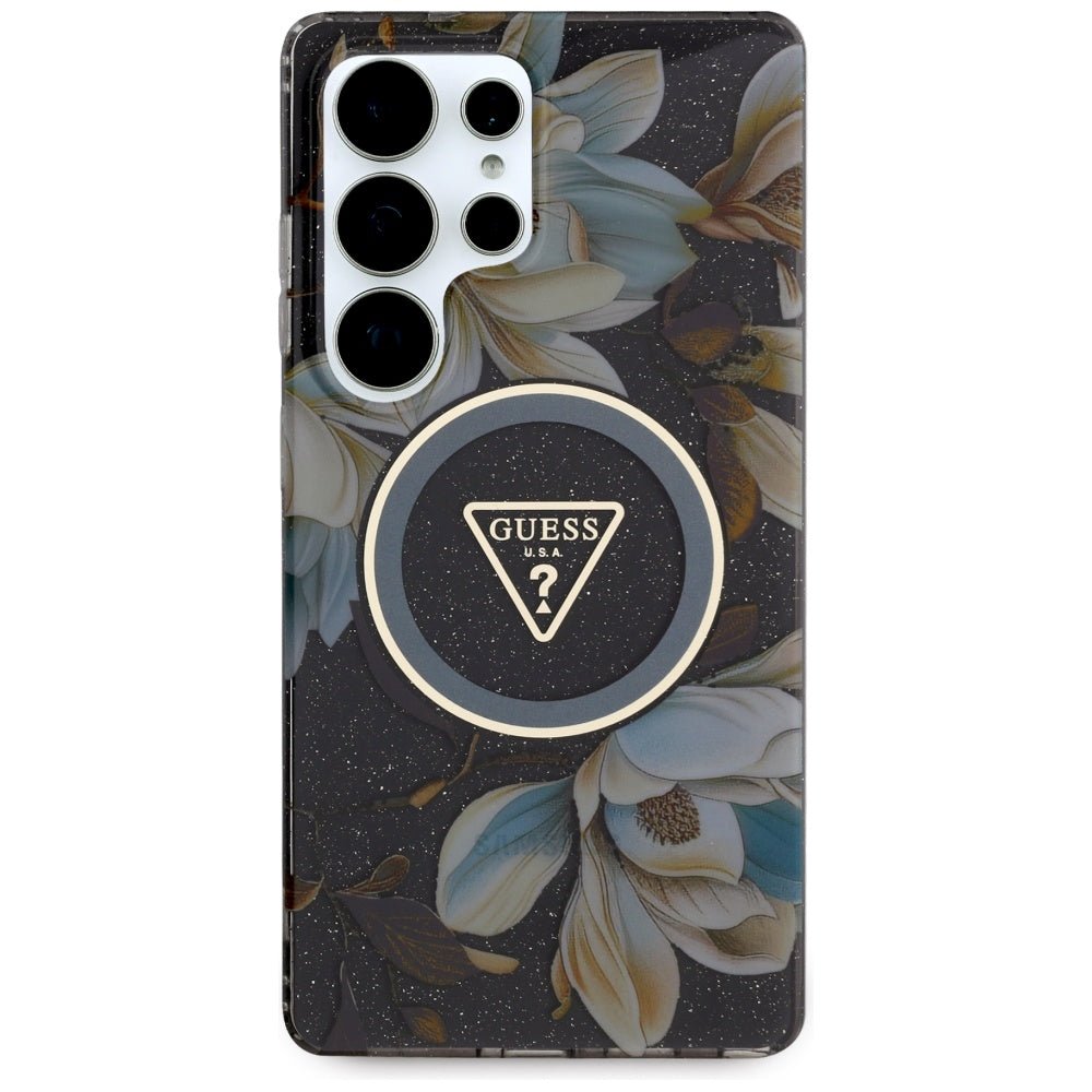 Guess Samsung Galaxy S25 Ultra - Glitter Flowers Triangle Buttons MagSafe - Σκληρή Θήκη με Πλαίσιο Σιλικόνης - Black - GUHMS25LHFLPEDK