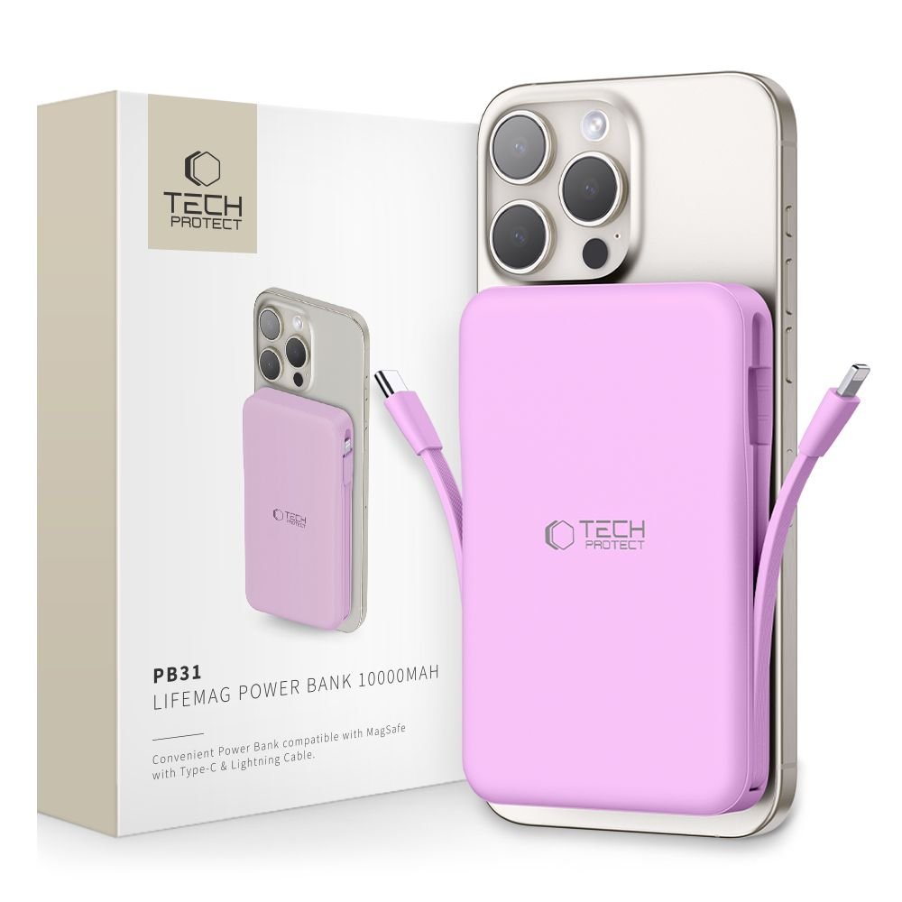 Tech - Protect PB31 Lifemag Ασύρματο MagSafe PowerBank Κινητού 10000 mAh με Ενσωματωμένο Καλώδιο Type - C και Lightning - Lavender