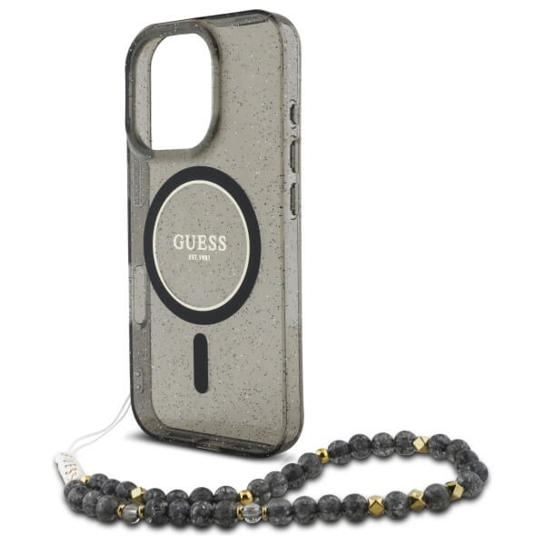 Guess iPhone 16 Pro Max - IML Glitter With Pearl Strap - MagSafe Σκληρή Θήκη με Πλαίσιο Σιλικόνης και Λουράκι - Black - GUHMP16XHGCRELSK