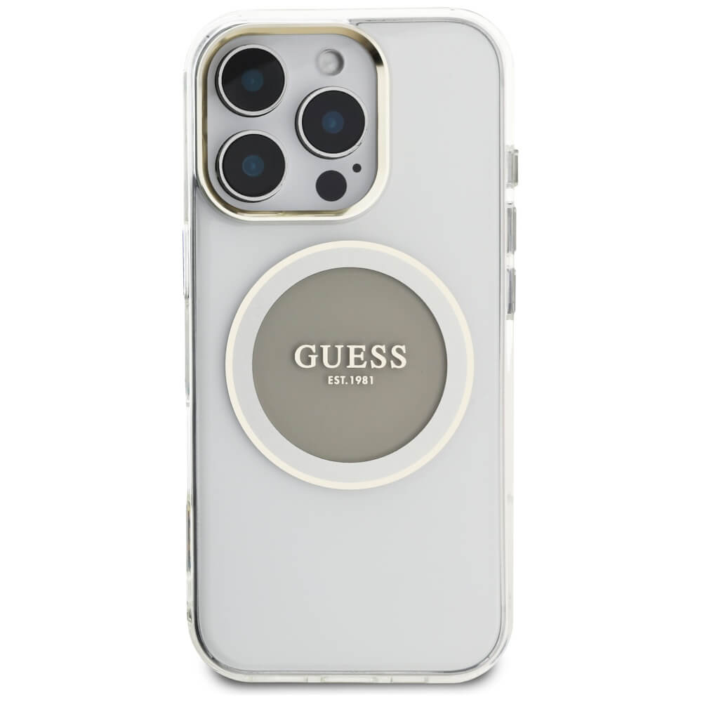 Guess iPhone 16 Pro Max IML Metal Colored Circle Classic Logo MagSafe Σκληρή Θήκη με Πλαίσιο Σιλικόνης και MagSafe - Grey - GUHMP16XHTDRCEDG