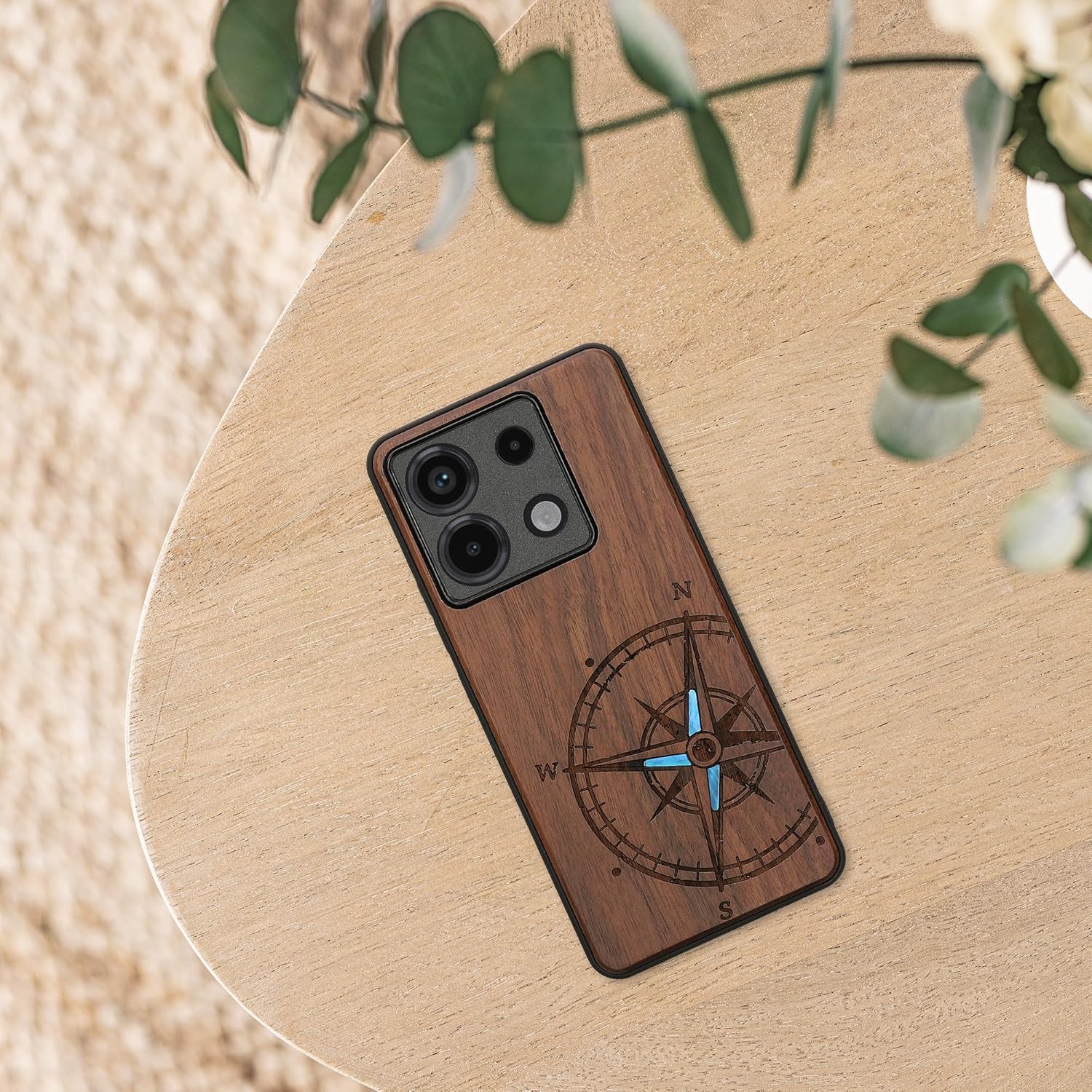 KW Xiaomi Redmi Note 13 Pro 5G / Poco X6 5G Θήκη από Φυσικό Ξύλο - Design Vintage Compass - Dark Brown / Mother of Pearl