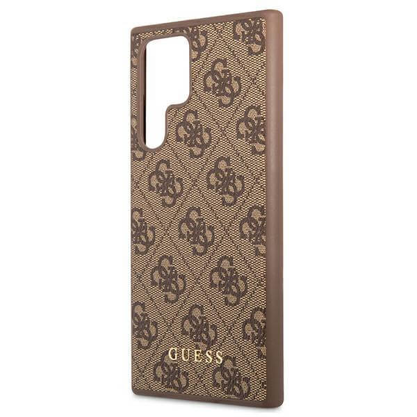 Guess Samsung Galaxy S22 Ultra - 4G Metal Gold Logo Σκληρή Θήκη με Επένδυση Συνθετικού Δέρματος - Brown - GUHCS22LG4GFBR