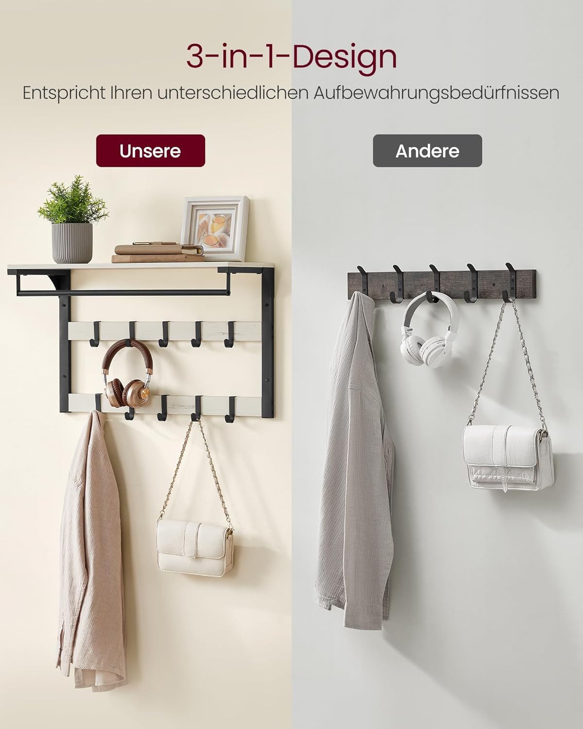 Vasagle Επιτοίχια Κρεμάστρα με 10 Αφαιρούμενους Γάντζους - 65 x 30 x 42 cm - Vintage White / Black - LCR101W03