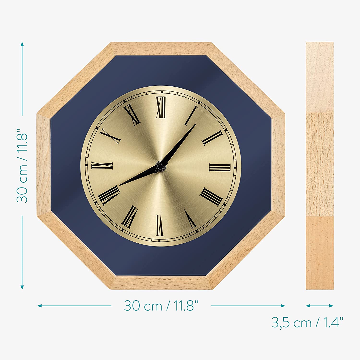 Navaris Analogue Wood Wall Clock Design Octagonal - Ρολόι Tοίχου - Light Brown / Gold - 54470.24.21