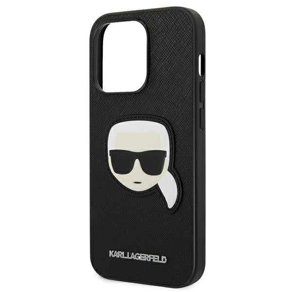 Karl Lagerfeld iPhone 14 Pro - Saffiano Karl's Head Patch Σκληρή Θήκη με Επένδυση Συνθετικού Δέρματος και Πλαίσιο Σιλικόνης - Black - KLHCP14LSAPKHK