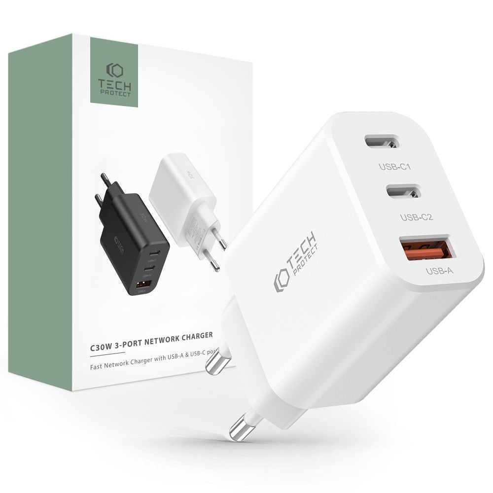 Tech - Protect C30W QC3.0 Οικιακός Φορτιστής Γρήγορης Φόρτισης με 2 Θύρες Type C και 1 Θύρα USB - White