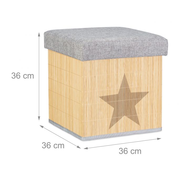 Relaxdays Αναδιπλούμενο Σκαμπό με Καπάκι - Star Pattern Square - 36 x 36 x 36 cm - Grey / Natural - 4052025217945