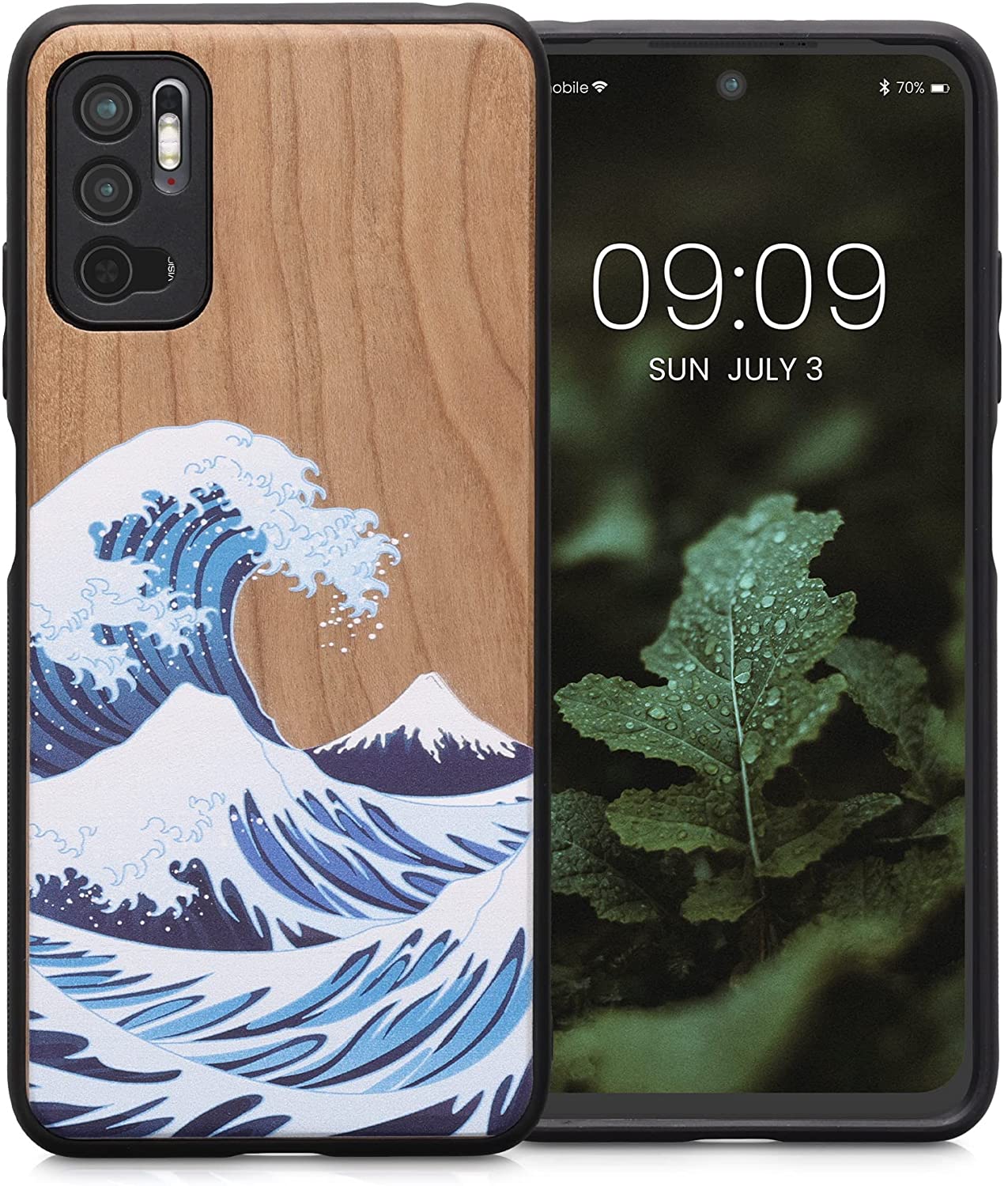 KW Xiaomi Redmi Note 10 5G Θήκη από Φυσικό Ξύλο - Design The Great Wave - Blue / White / Brown - 56792.04