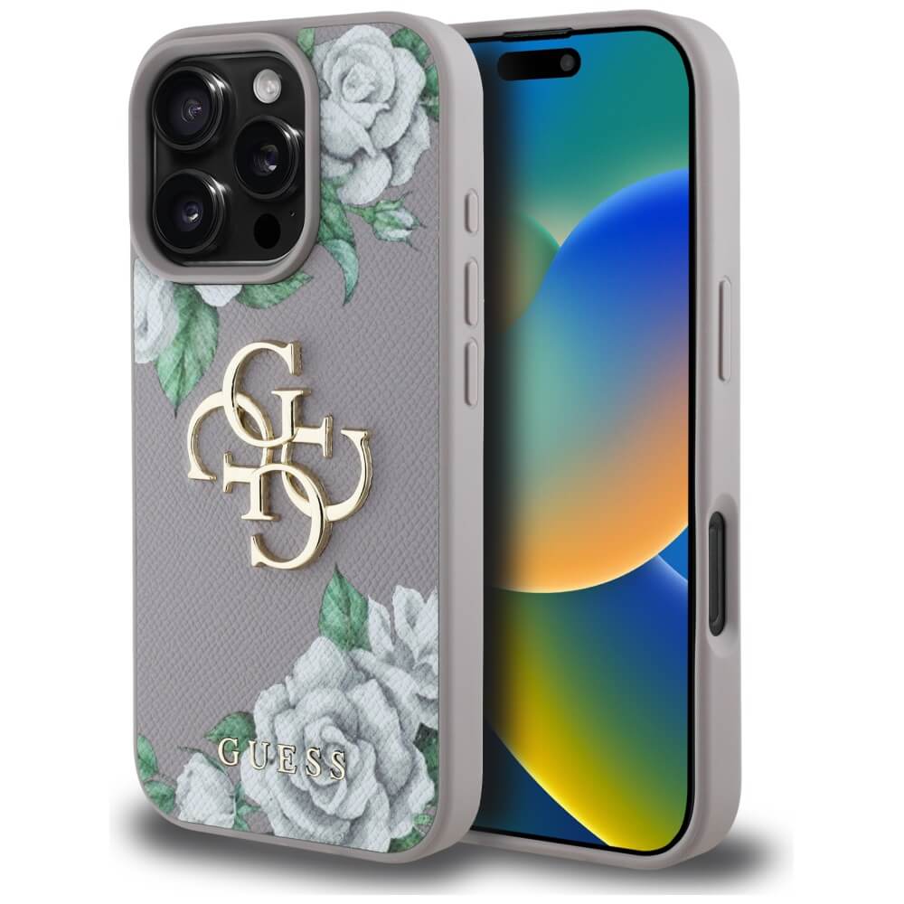 Guess iPhone 16 Pro Max - Grained Roses Big 4G Logo - Σκληρή Θήκη με Επένδυση από Οικολογικό Δέρμα - Purple - GUHCP16XPGROP4MU