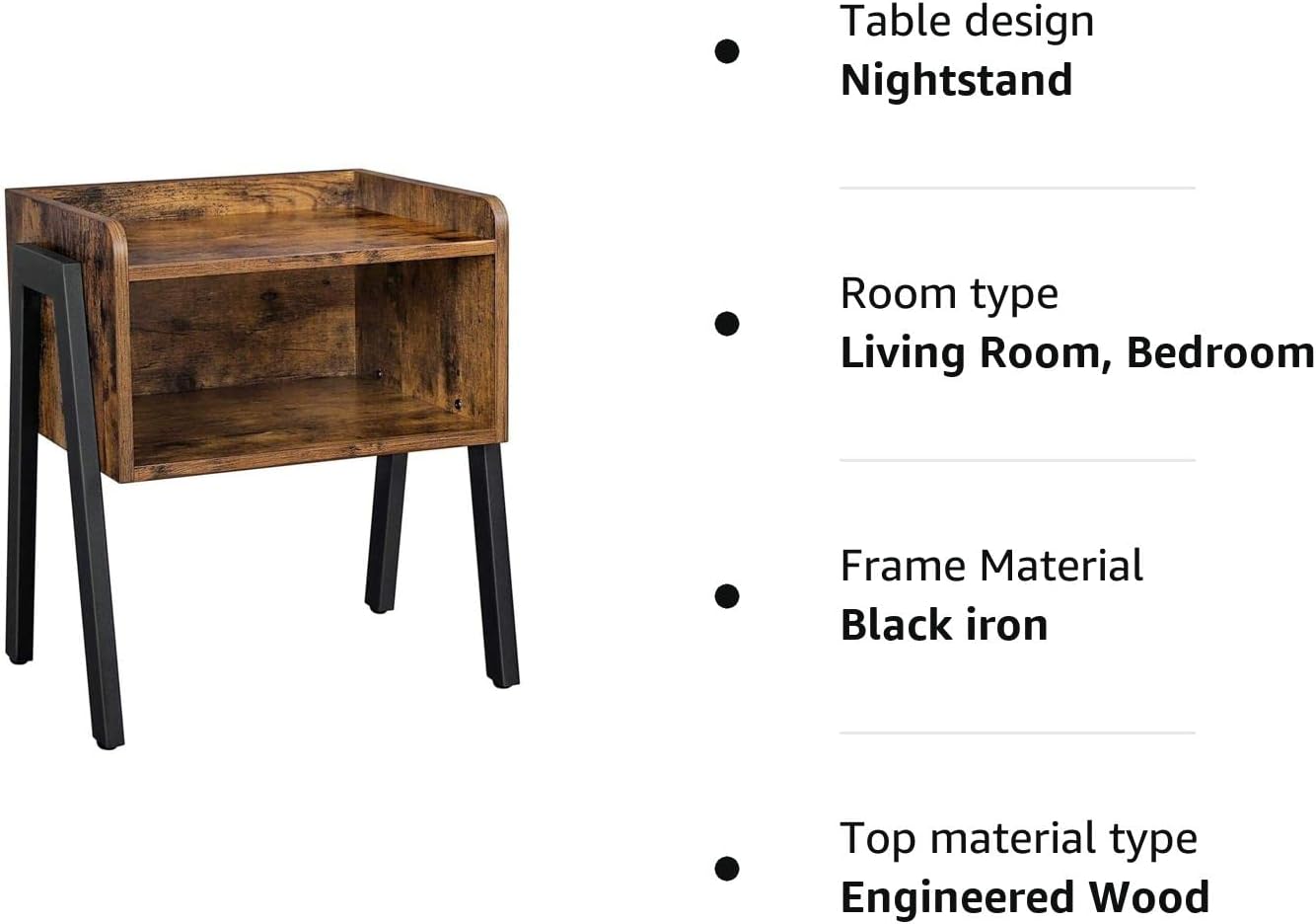 Vasagle Βοηθητικό Τραπεζάκι / Κομοδίνο με Ανοιχτό Αποθηκευτικό Χώρο και Μεταλλικά Πόδια - Rustic Brown / Black - LET54X