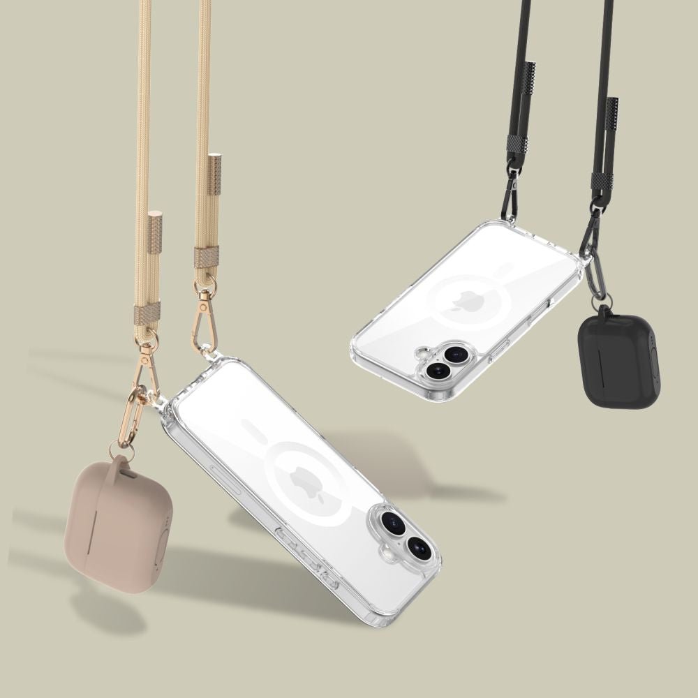 Tech - Protect iPhone 16 Flexair Chain MagSafe Σκληρή Θήκη με Πλαίσιο Σιλικόνης και 2 Λουράκια - Διάφανη - Black / Beige