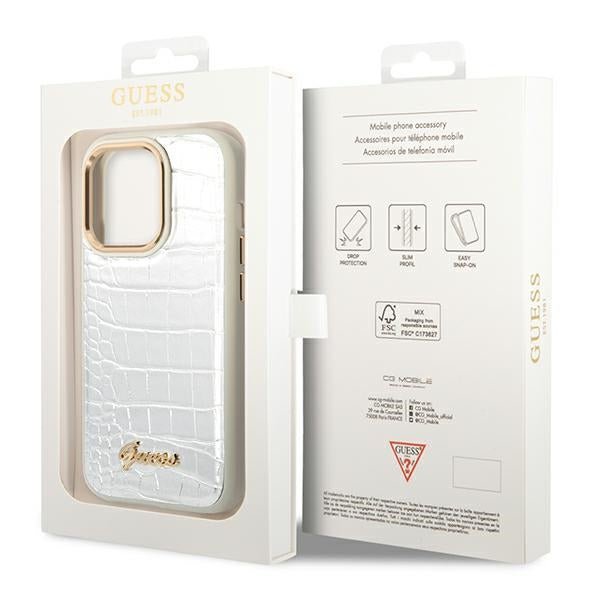 Guess iPhone 14 Pro Max Croco Collection Θήκη με Επένδυση Συνθετικού Δέρματος - Silver - GUHCP14XHGCRHS