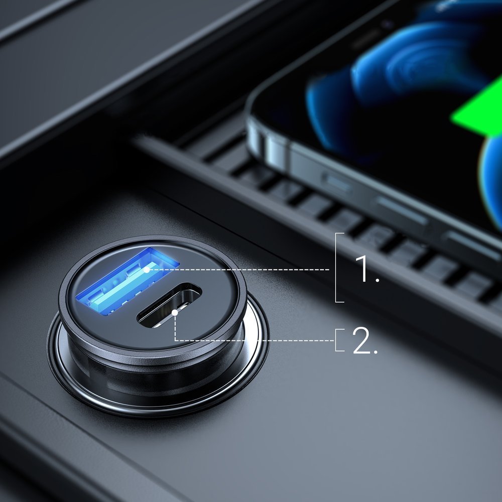 Joyroom C - A43 Φορτιστής Αυτοκινήτου Γρήγορης Φόρτισης με 1 Θύρα USB και 1 Θύρα Type - C 3A PD 20W QC 3.0 - Grey