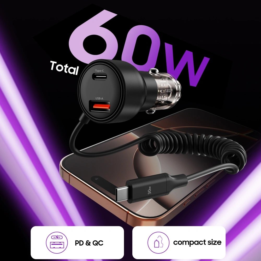 Tech - Protect CC05 PD60W Φορτιστής Αυτοκινήτου Γρήγορης Φόρτισης με 1 Θύρα Type - C, 1 Θύρα USB και Ενσωματωμένο Καλώδιο Type - C - Black