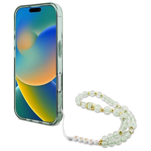 Guess iPhone 16 Pro Max - IML Flowers With Pearl Strap MagSafe - Σκληρή Θήκη με Πλαίσιο Σιλικόνης και Λουράκι - Green - GUHMP16XHFWBRCESN