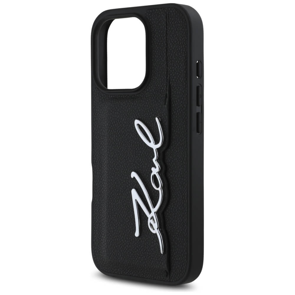 Karl Lagerfeld iPhone 16 Pro Max - HC Grained PU Cardslot Metal Signature - Σκληρή Θήκη με Επένδυση Συνθετικού Δέρματος και Υποδοχή για Κάρτες - Black - KLHCP16XPGPVKSK