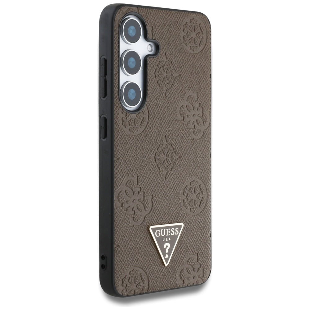 Guess Samsung Galaxy S25 - Grained Hot Stamp Peony Pattern Triangle Logo - MagSafe Σκληρή Θήκη με Πλαίσιο Σιλικόνης και Συνθετικό Δέρμα - Brown - GUHMS25SPGBTMW