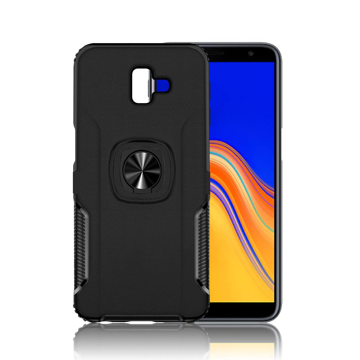 OEM Samsung Galaxy J6 Plus Litchi Hybrid Armor Shockproof Σκληρή Θήκη Υψηλής Προστασίας με Δαχτυλίδι Συγκράτησης - Black