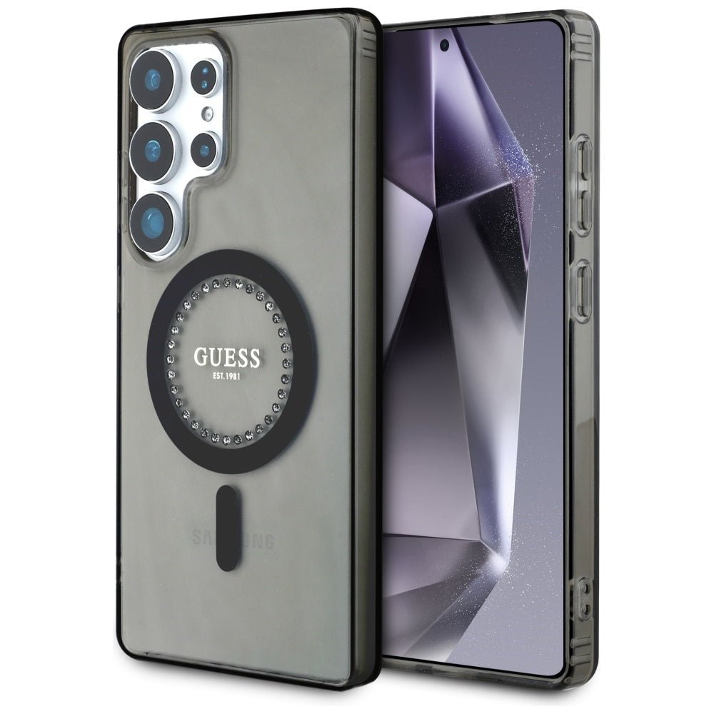 Guess Samsung Galaxy S25 Ultra - Rhinestones Printed Classic Logo - MagSafe Σκληρή Θήκη με Πλαίσιο Σιλικόνης - Black - GUHMS25LPFTDTEK