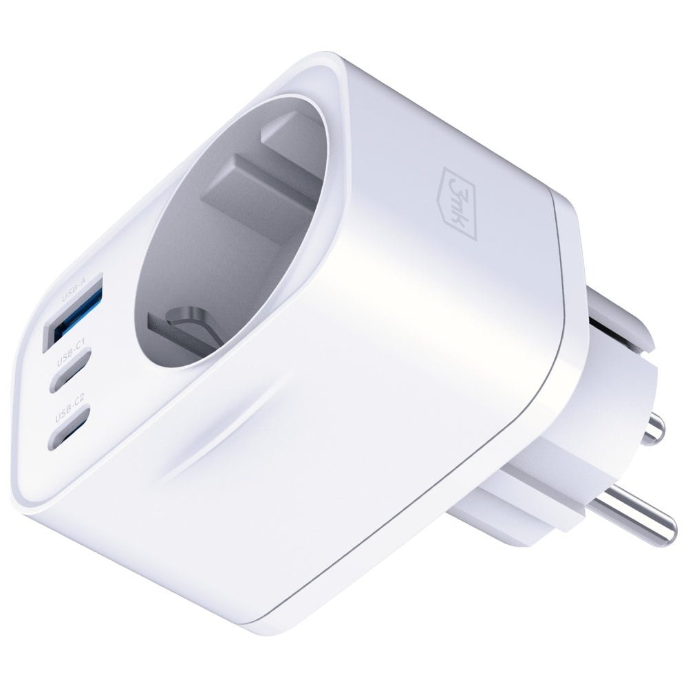 3MK Adapter Hyper Comfort 30W PD Οικιακός Φορτιστής Γρήγορης Φόρτισης με 1 Θύρα USB και 2 Θύρες Type - C και 1 Πρίζα Schuko - White