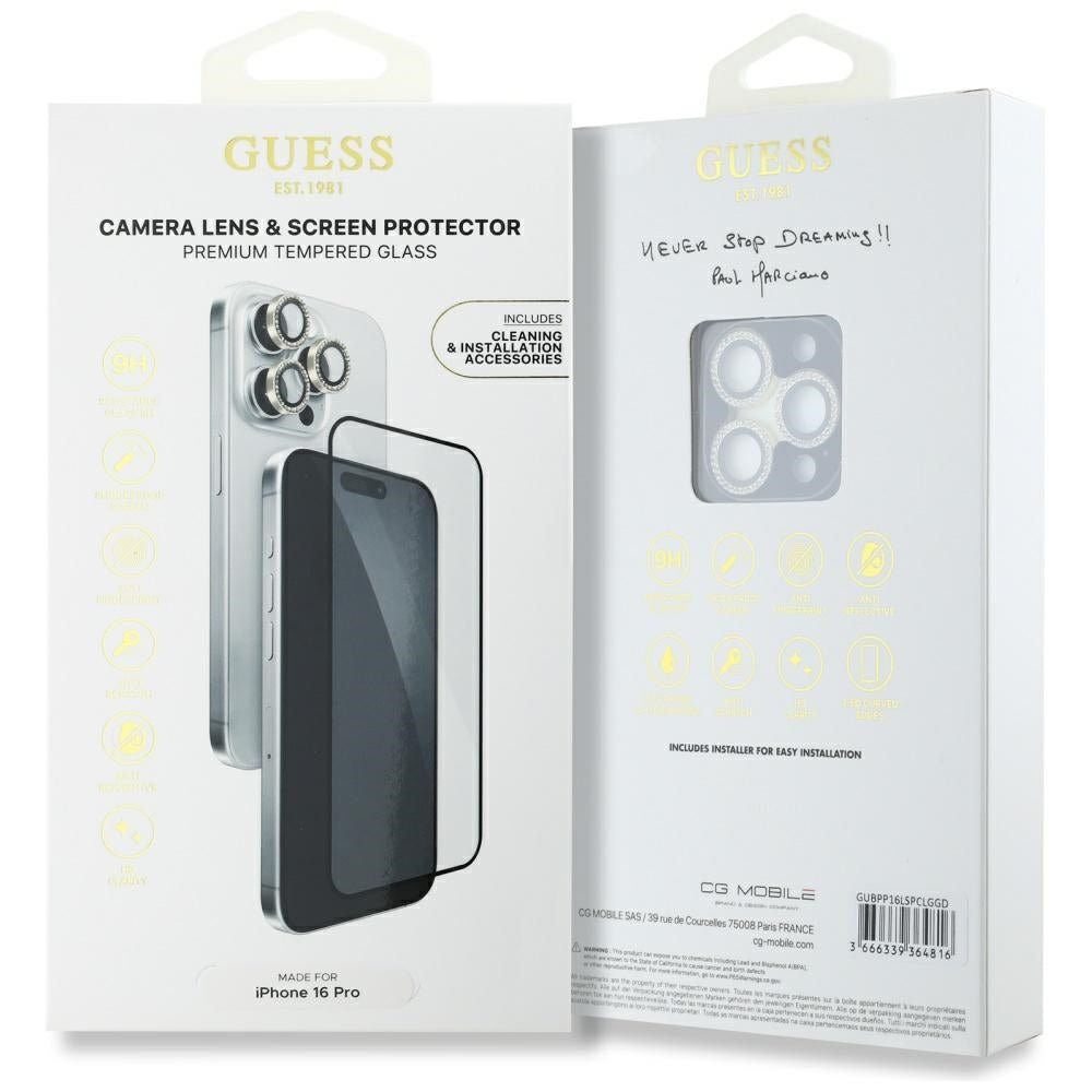 Guess iPhone 16 Pro - BP Rhinestone - Σετ με 1 Αντιχαρακτικό Γυαλί Οθόνης και 1 Αντιχαρακτικό Γυαλί για την Κάμερα - Gold