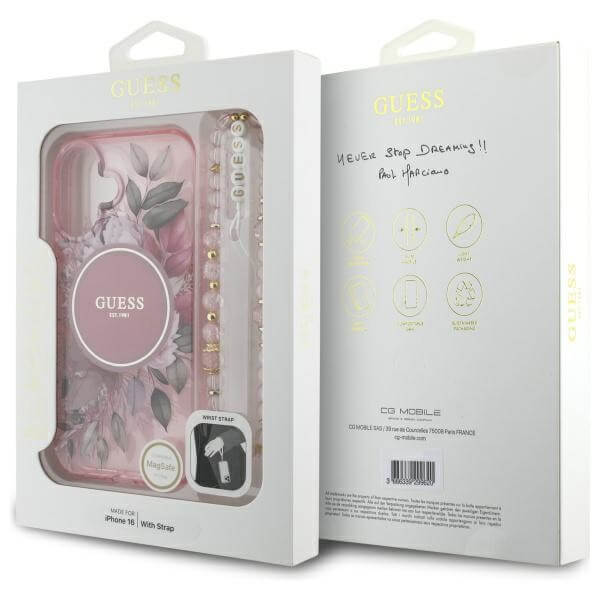 Guess iPhone 16 Plus - IML Flowers With Pearl Strap MagSafe - Σκληρή Θήκη με Πλαίσιο Σιλικόνης και Λουράκι - Pink - GUHMP16MHFWBRCESP