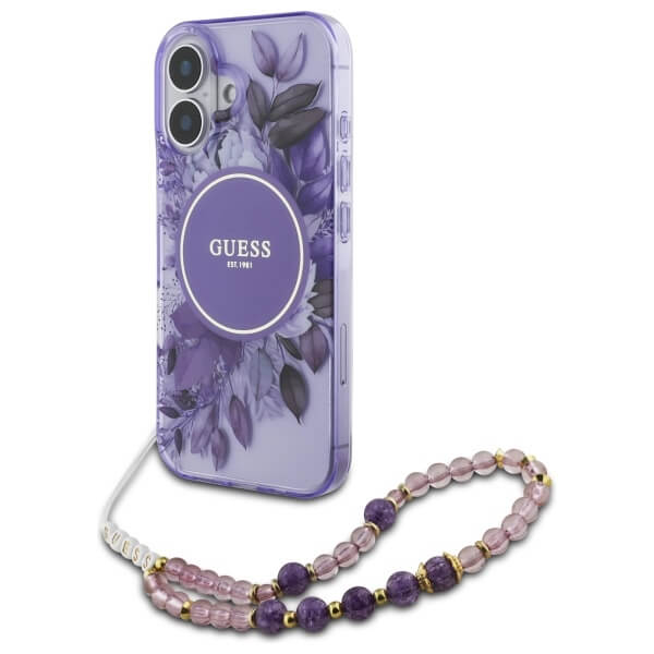 Guess iPhone 16 - IML Flowers With Pearl Strap MagSafe - Σκληρή Θήκη με Πλαίσιο Σιλικόνης και Λουράκι - Purple - GUHMP16SHFWBRCESU