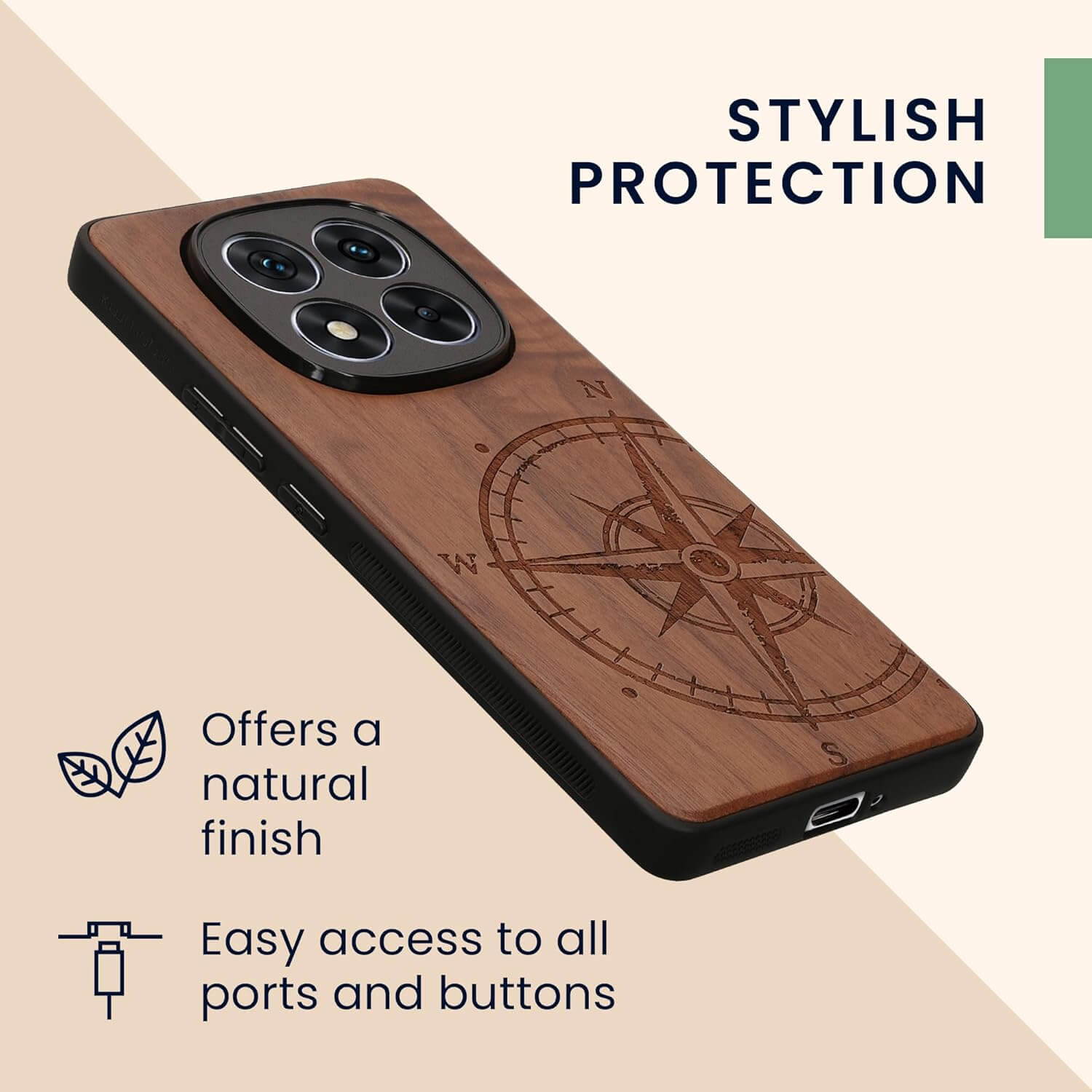 KW Xiaomi Redmi Note 14 Pro+ 5G Θήκη από Φυσικό Ξύλο - Design Compass Vintage - Dark Brown