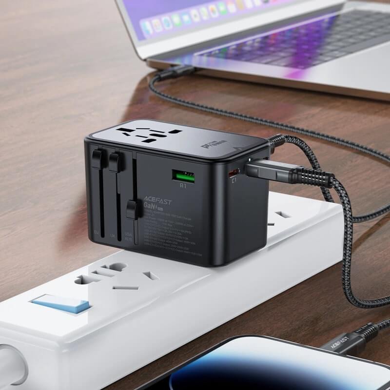 Acefast Z1 GaN 75W PD Φορτιστής Ταξιδίου με Ενσωματωμένα Βύσματα EU / UK / US / AUS με 3 Θύρες Type - C και 2 Θύρες USB - Black