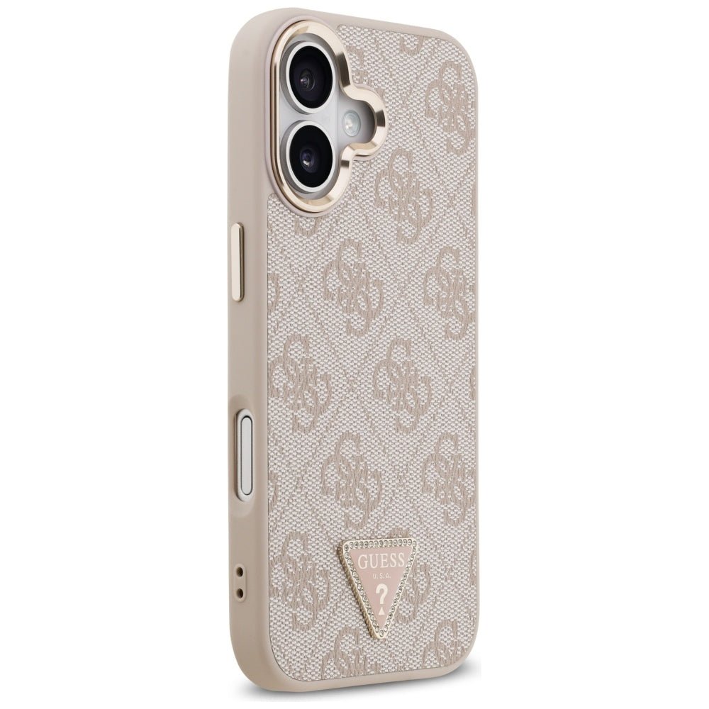 Guess iPhone 17 - 4G Triangle Strass Logo MagSafe - Σκληρή Θήκη με Επένδυση Συνθετικού Δέρματος - Pink / Gold - GUHMP17SP4GTDGMP