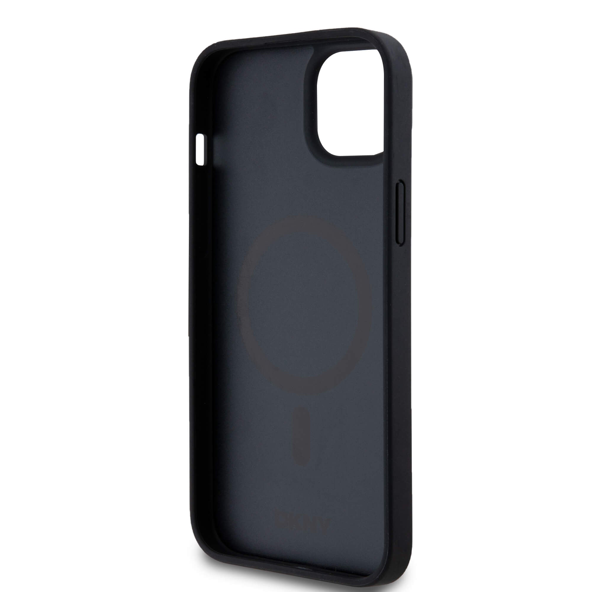 DKNY iPhone 15 Plus / 14 Plus - Leather Monogram Pattern Metal Logo MagSafe Σκληρή Θήκη με Επένδυση Συνθετικού Δέρματος - Black