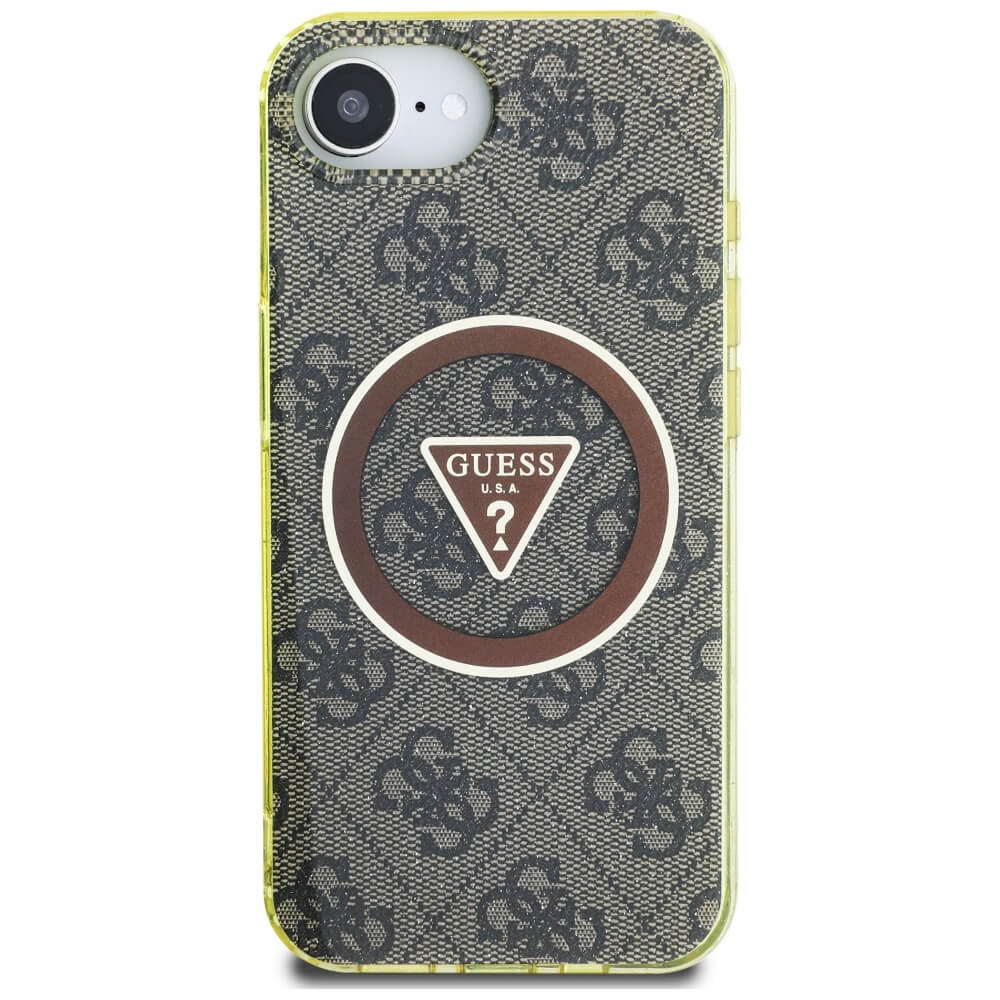 Guess iPhone 16e - IML Metal Glitter 4G Circle Triangle MagSafe - Σκληρή Θήκη με Πλαίσιο Σιλικόνης και MagSafe - Brown - GUHMPSE4HG4PRTGW