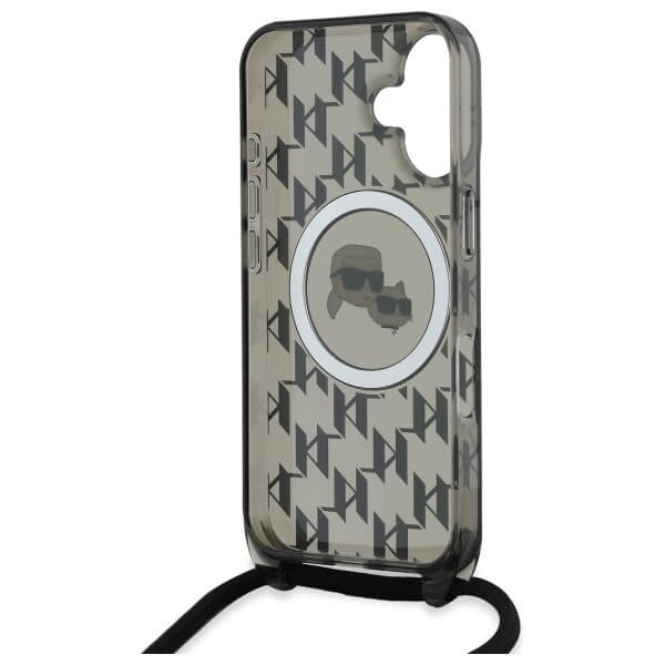 Karl Lagerfeld iPhone 16 - IML Crossbody Monogram Karl and Choupette Head - MagSafe Σκληρή Θήκη με Πλαίσιο Σιλικόνης και Λουράκι - Black - KLHMP16SHCKCKLCK