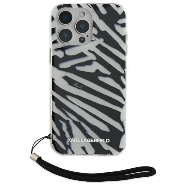 Karl Lagerfeld iPhone 16 Pro Max - IML Zebra Pattern and Cord - Σκληρή Θήκη με Πλαίσιο Σιλικόνης και Λουράκι - Black - KLHCP16XHZBPKCCK