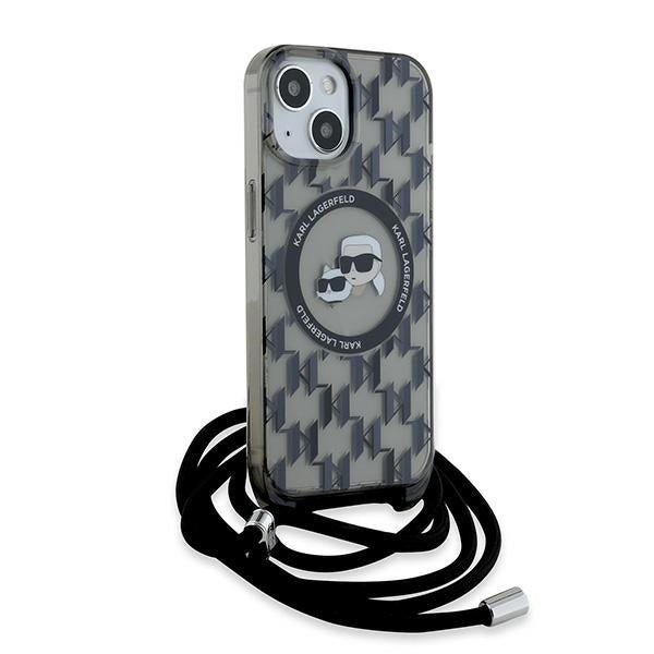 Karl Lagerfeld iPhone 15 / 14 / 13 - IML Crossbody Monogram Karl and Choupette Head - MagSafe Σκληρή Θήκη με Πλαίσιο Σιλικόνης και Λουράκι - Black - KLHMP15SHCKCKLCK