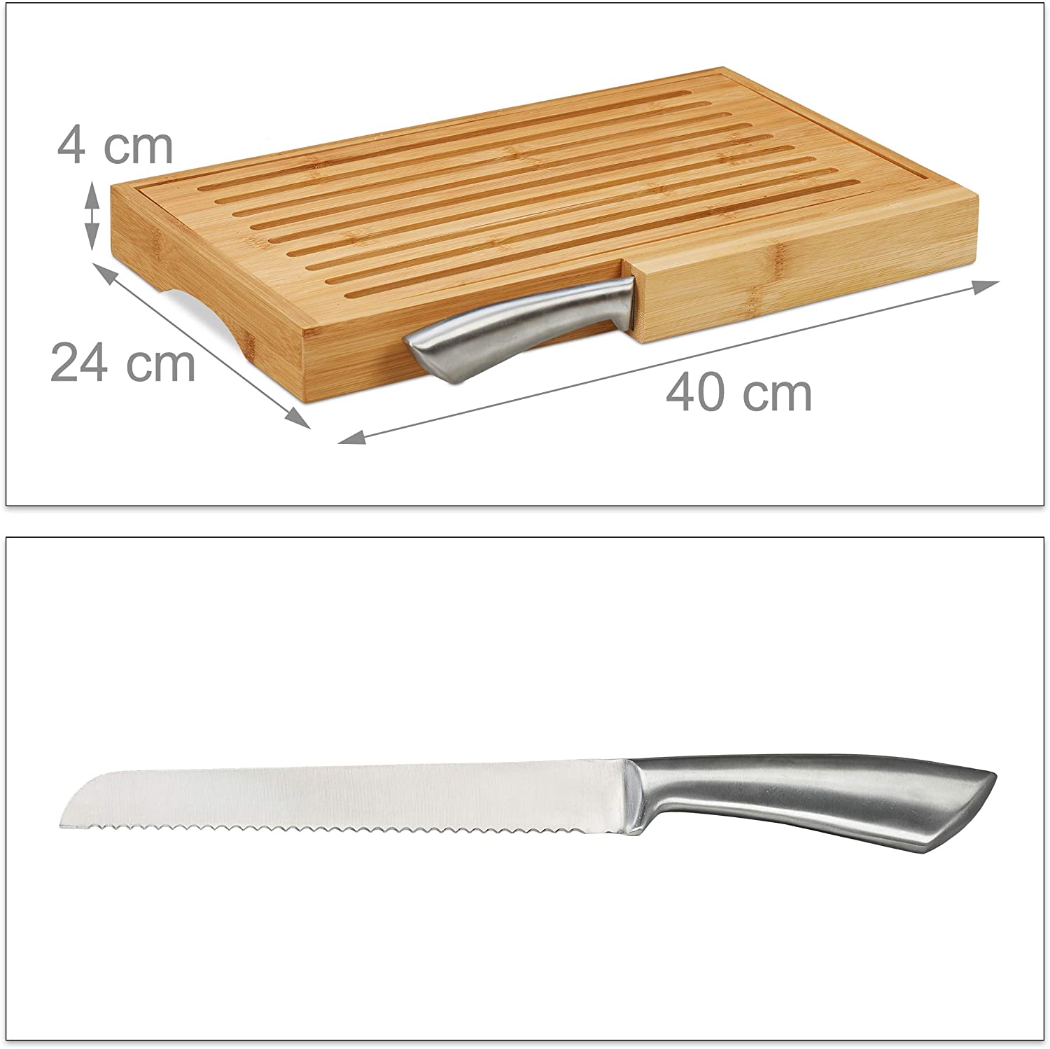 Relaxdays Ξύλο Κοπής Ψωμιού με Μαχαίρι από Ανοξείδωτο Ατσάλι με Συλλέκτη για τα Ψίχουλα - Natural - 4052025246129