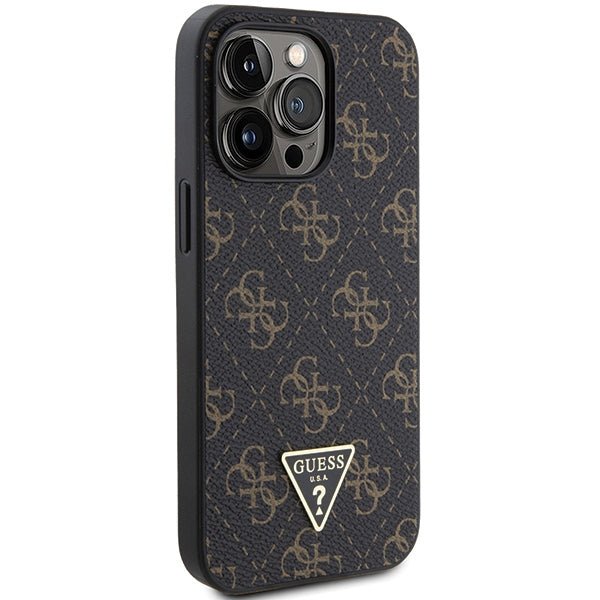 Guess iPhone 15 Pro - 4G Triangle Metal Logo Σκληρή Θήκη με Επένδυση Συνθετικού Δέρματος και Πλαίσιο Σιλικόνης - Black - GUHCP15LPG4GPK