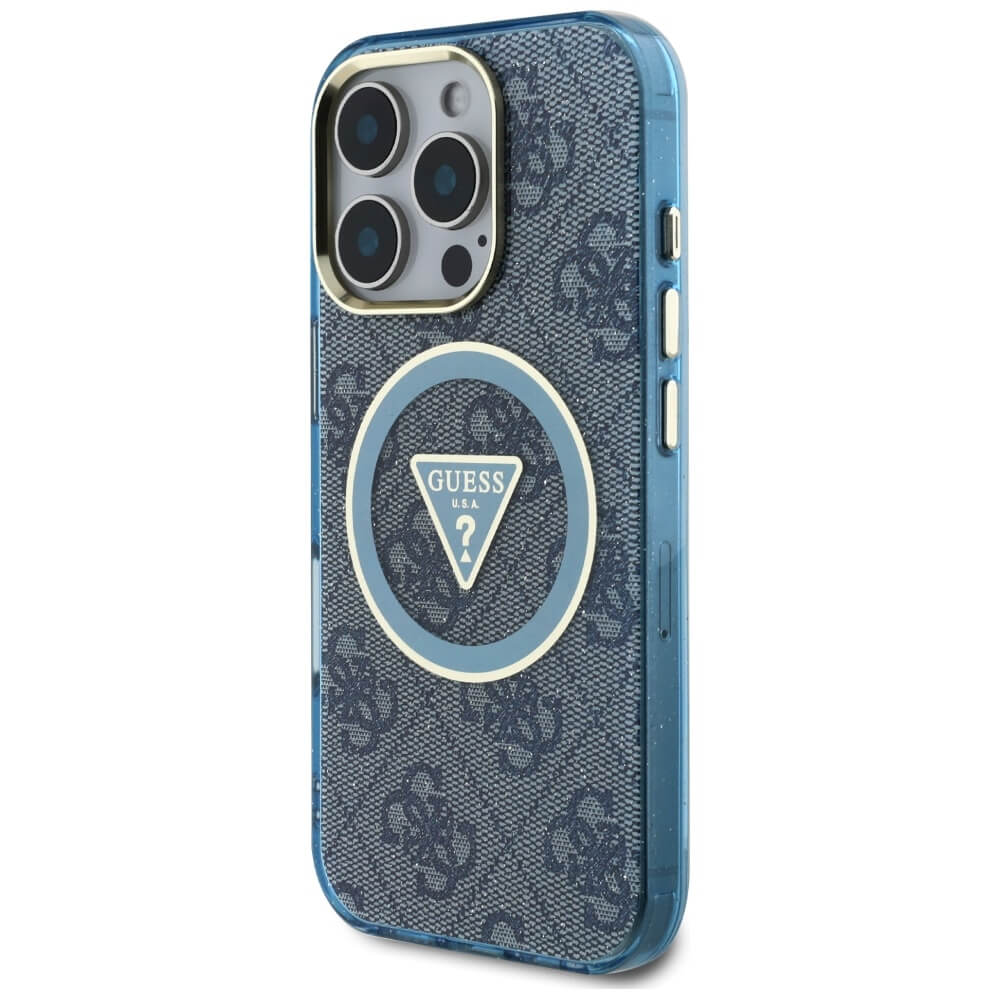 Guess iPhone 16 Pro - IML Metal Glitter 4G Circle Triangle MagSafe - Σκληρή Θήκη με Πλαίσιο Σιλικόνης και MagSafe - Blue - GUHMP16LHG4PRTGB