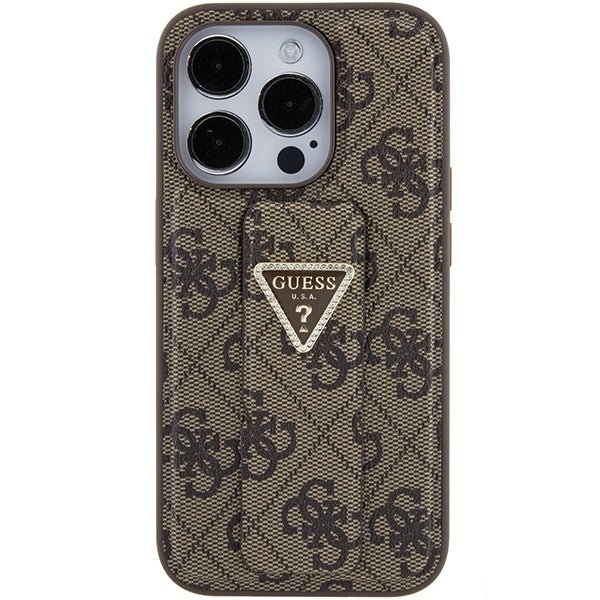 Guess iPhone 15 Pro Grip Stand 4G Triangle Strass Logo Θήκη με Επένδυση Συνθετικού Δέρματος και Stand - Brown - GUHCP15LPGS4TDW