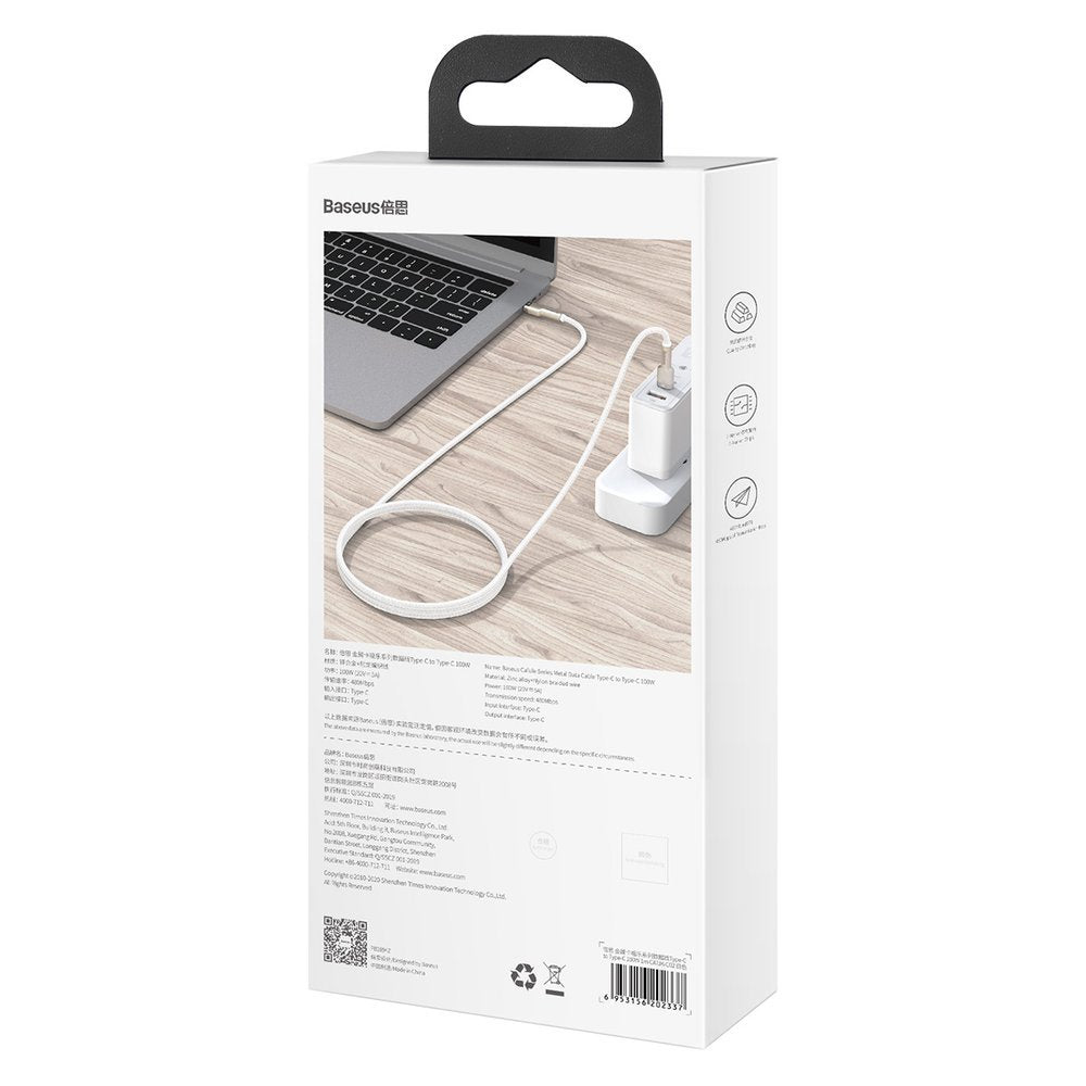 Baseus Cafule Series Metal Cable Type - C 5A PD 100W - Καλώδιο Γρήγορης Φόρτισης Type - C to Type - C 2M - White - CATJK - D02