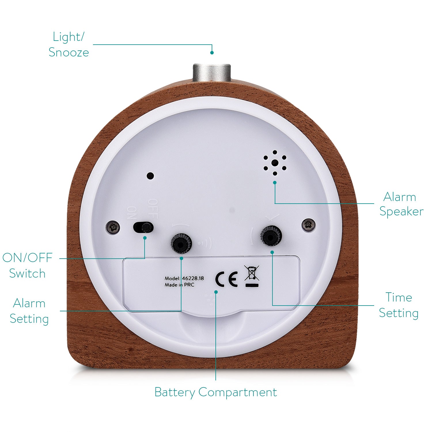 Navaris Analogue Wood Alarm Clock Design Half Round - Αναλογικό Επιτραπέζιο Ρολόι και Ξυπνητήρι - Gold / Dark Brown - 46228.18