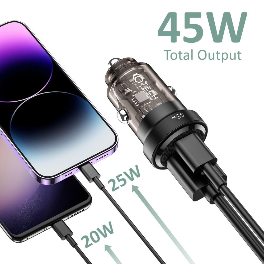 Tech - Protect CC45W 2 - Port Φορτιστής Αυτοκινήτου Γρήγορης Φόρτισης με 1 Θύρα Type - C και 1 Θύρα USB QC3.0 - Black