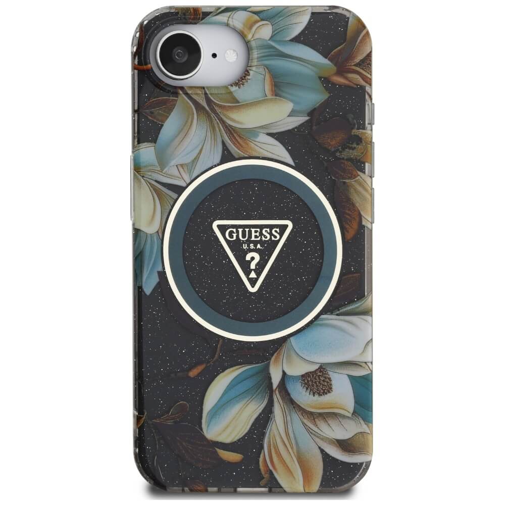 Guess iPhone 16e - IML Metal Glitter Flowers Triangle MagSafe - Σκληρή Θήκη με Πλαίσιο Σιλικόνης και MagSafe - Black - GUHMPSE4HFLPEDK