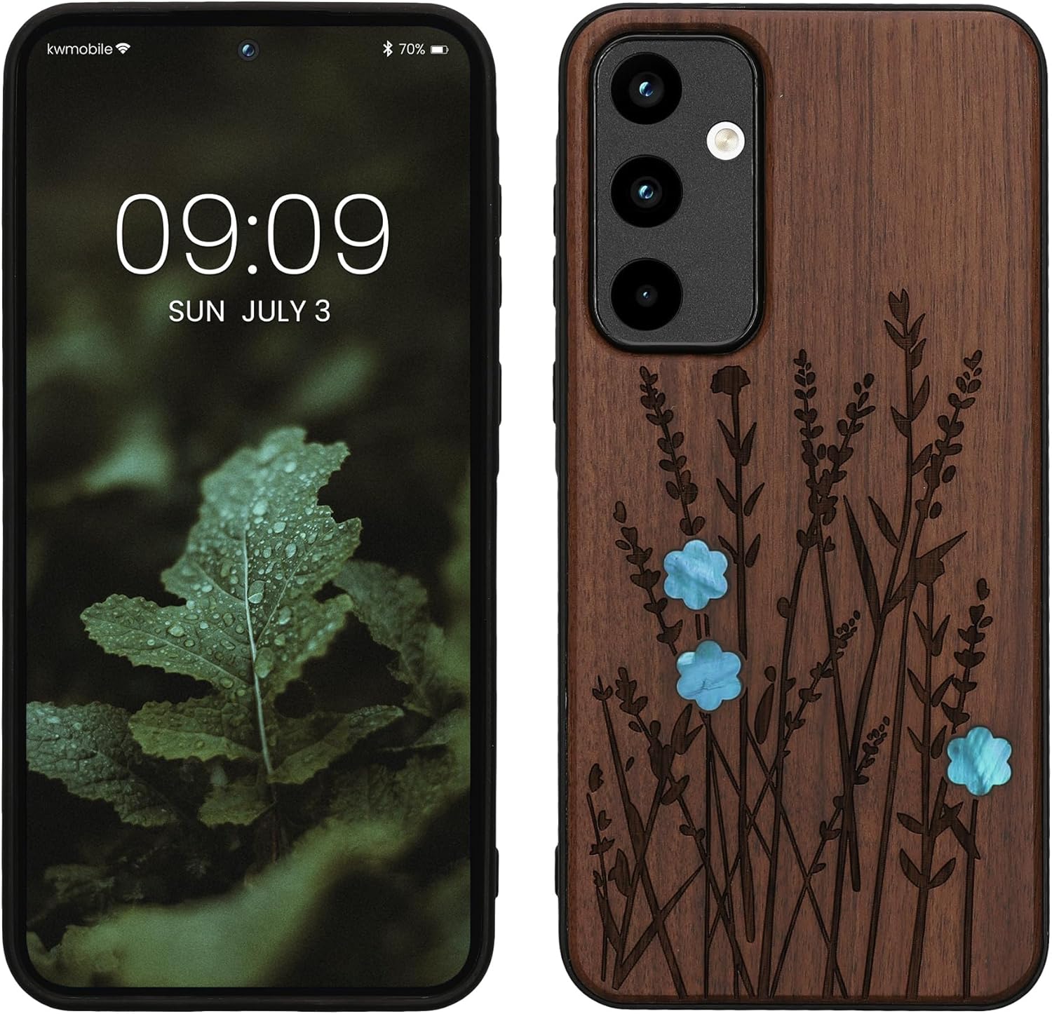 KW Samsung Galaxy A55 5G Θήκη από Φυσικό Ξύλο - Design Wild Flowers Pearl - Dark Brown / Mother of Pearl / Lavender
