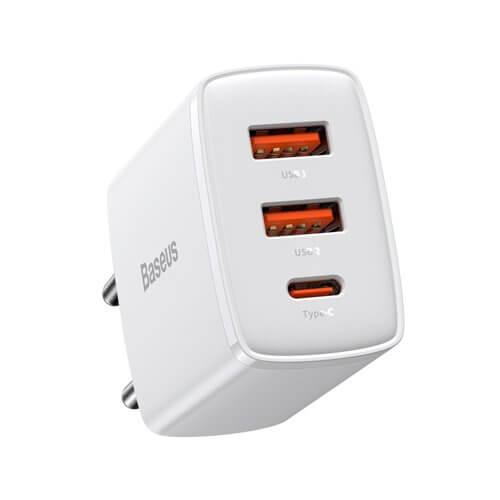 Baseus Compact Οικιακός Φορτιστής Γρήγορης Φόρτισης με 2 Θύρες USB και 1 Θύρα Type - C 30W - White - CCXJ - E02