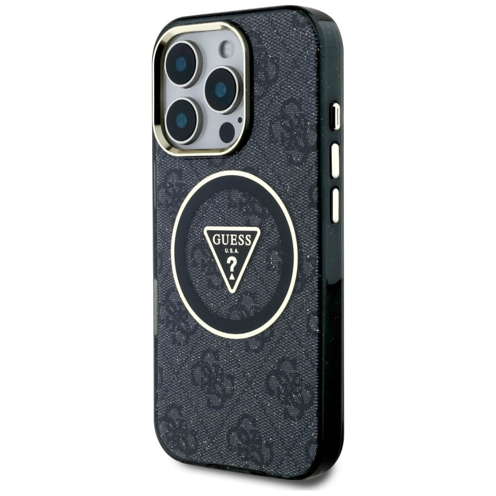 Guess iPhone 16 Pro - IML Metal Glitter 4G Circle Triangle MagSafe - Σκληρή Θήκη με Πλαίσιο Σιλικόνης και MagSafe - Black - GUHMP16LHG4PRTGK