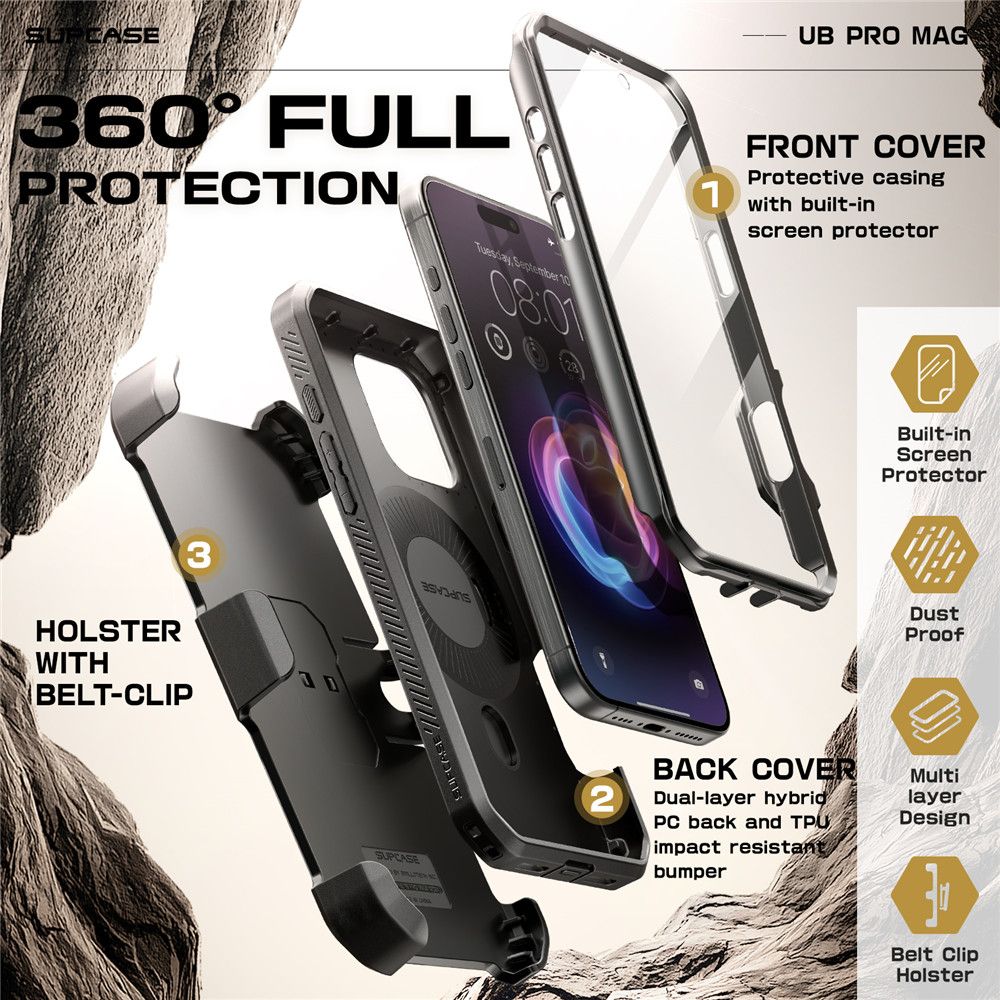 Supcase iPhone 16 Pro Max - UB Pro Mag Σκληρή Θήκη με Προστασία Οθόνης και Stand με MagSafe - Black