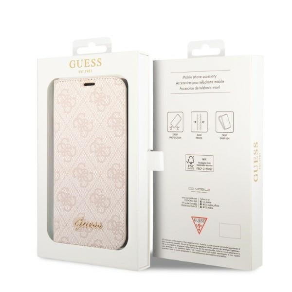 Guess iPhone 14 Pro Max 4G Vintage Gold Logo Θήκη Βιβλίο από Συνθετικό Δέρμα - Pink - GUBKP14XHG4SHP