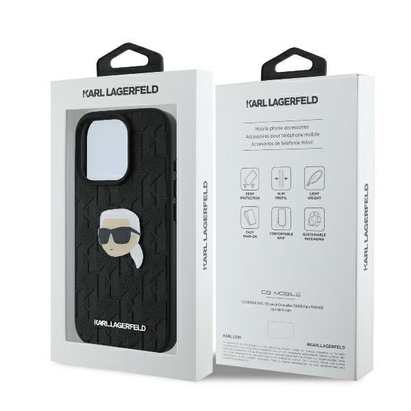 Karl Lagerfeld iPhone 16 Pro Max - Monogram Karl Head Pin Σκληρή Θήκη με Επένδυση Συνθετικού Δέρματος - Black - KLHCP16XPGKLKIPK